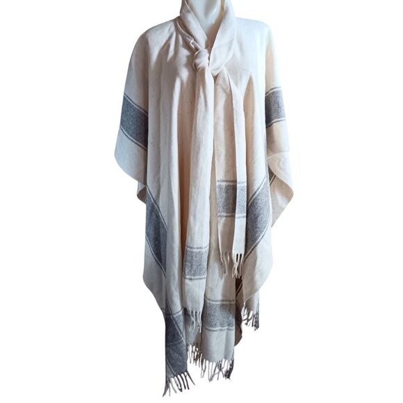 Vintage Women's Boho Poncho Beige & Gray Striped Wool Fringe Hem 1980's Necktie - Picture 1 of 7